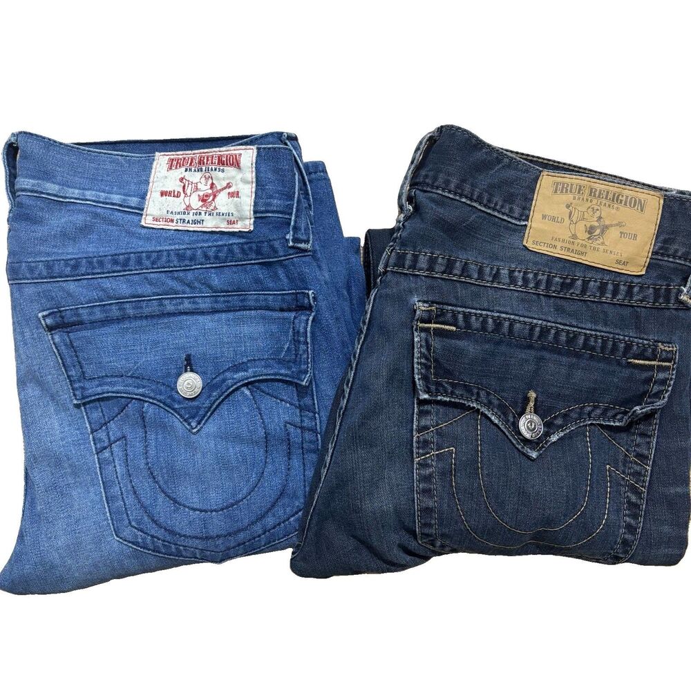 True Religion Straight Leg With Flap Jeans Mens 34x34 Lot Of 2 Denim USA Hip Hop